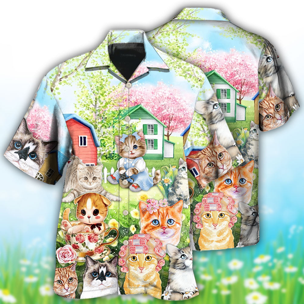 Cat Flowers And Lovely House Art - Hawaiian Shirt - Reefox