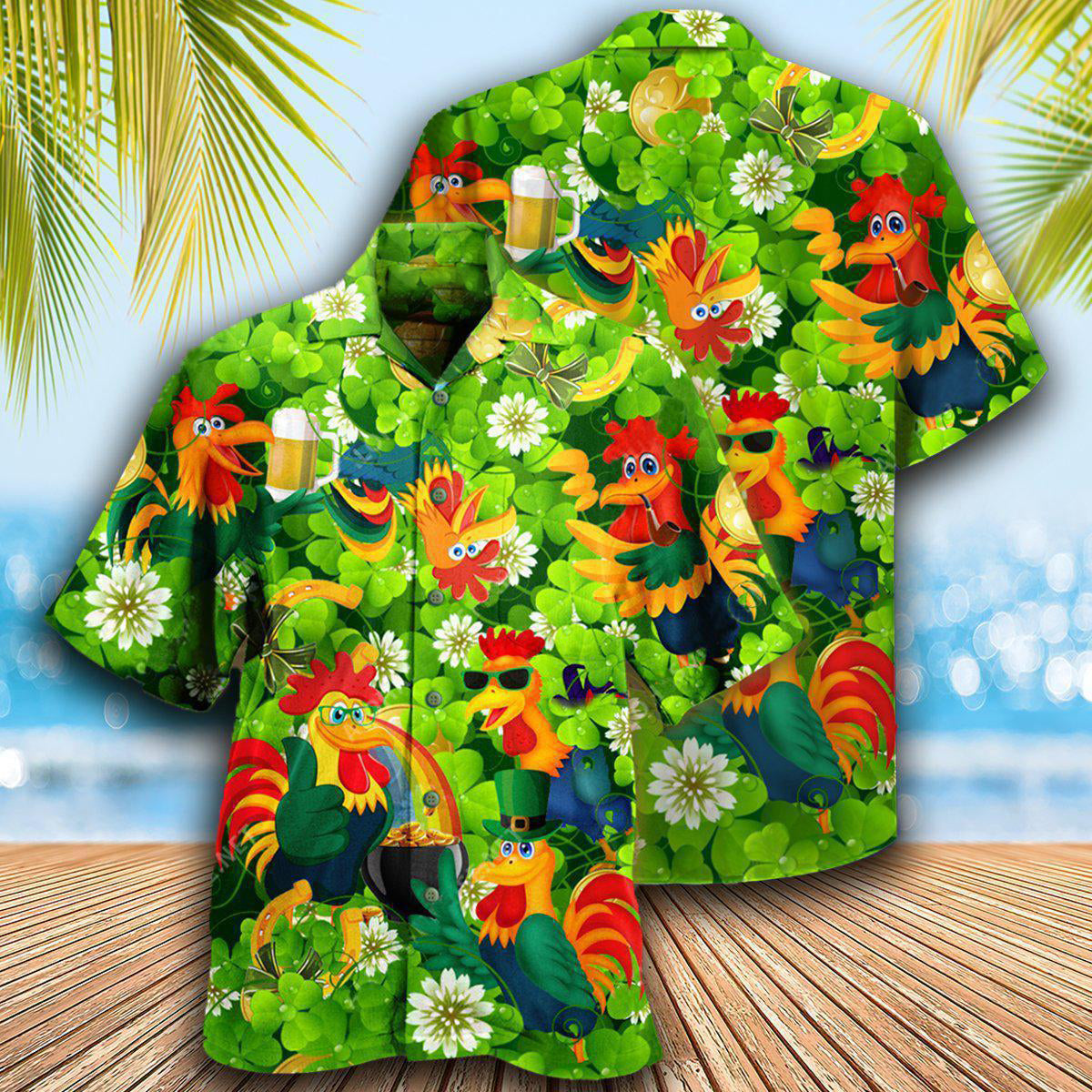 Chicken Roosters Bring Luck Shamrock - Hawaiian Shirt - Reefox