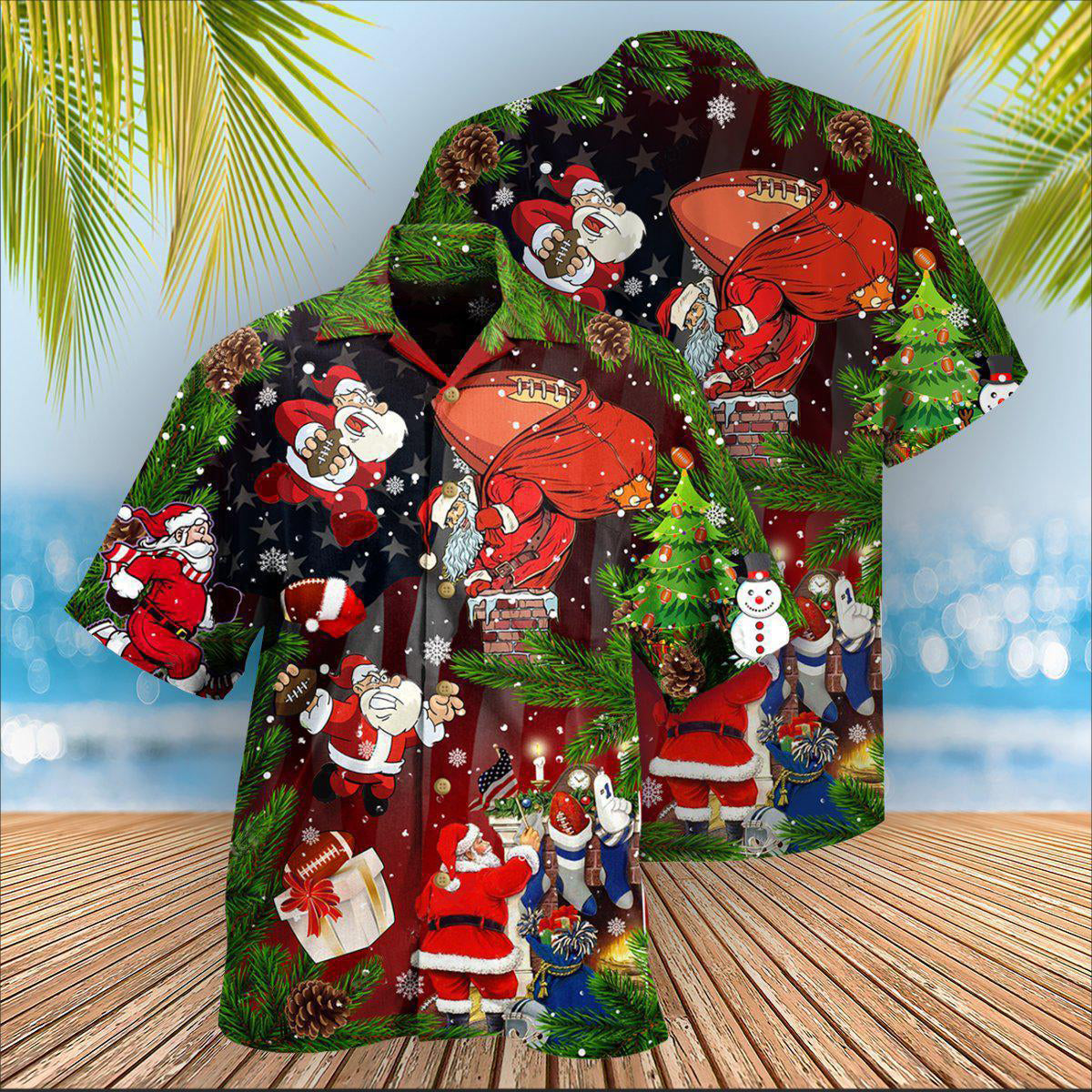 Christmas Santa Claus Is Big Fan Of American Football - Hawaiian Shirt - Reefox