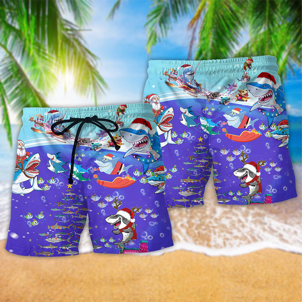 Christmas Santa Shark Sits On Rockets And Brings Gifts To Ocean - Beach Short Reefox - Owls Matrix LTD