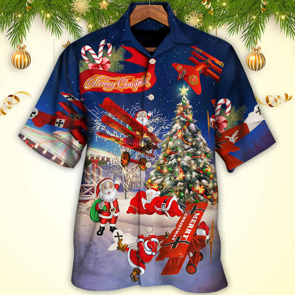 Christmas No Reindeer Any More Santa Loves Airplane In Blue - Hawaiian Shirt - Reefox