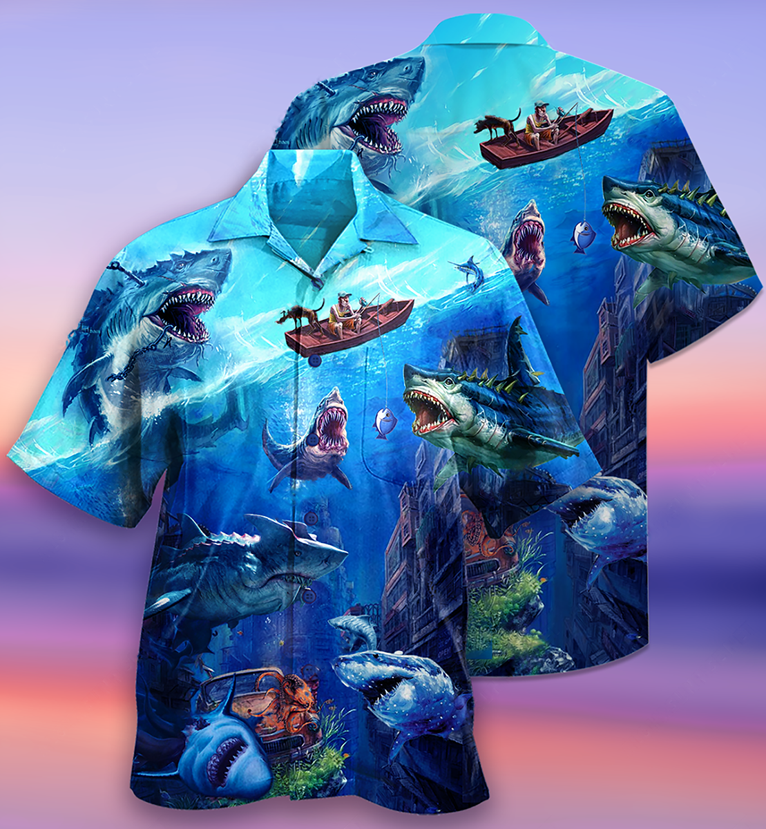 Shark Fishing Shark With Small Ship Blue Ocean - Hawaiian Shirt - Reefox