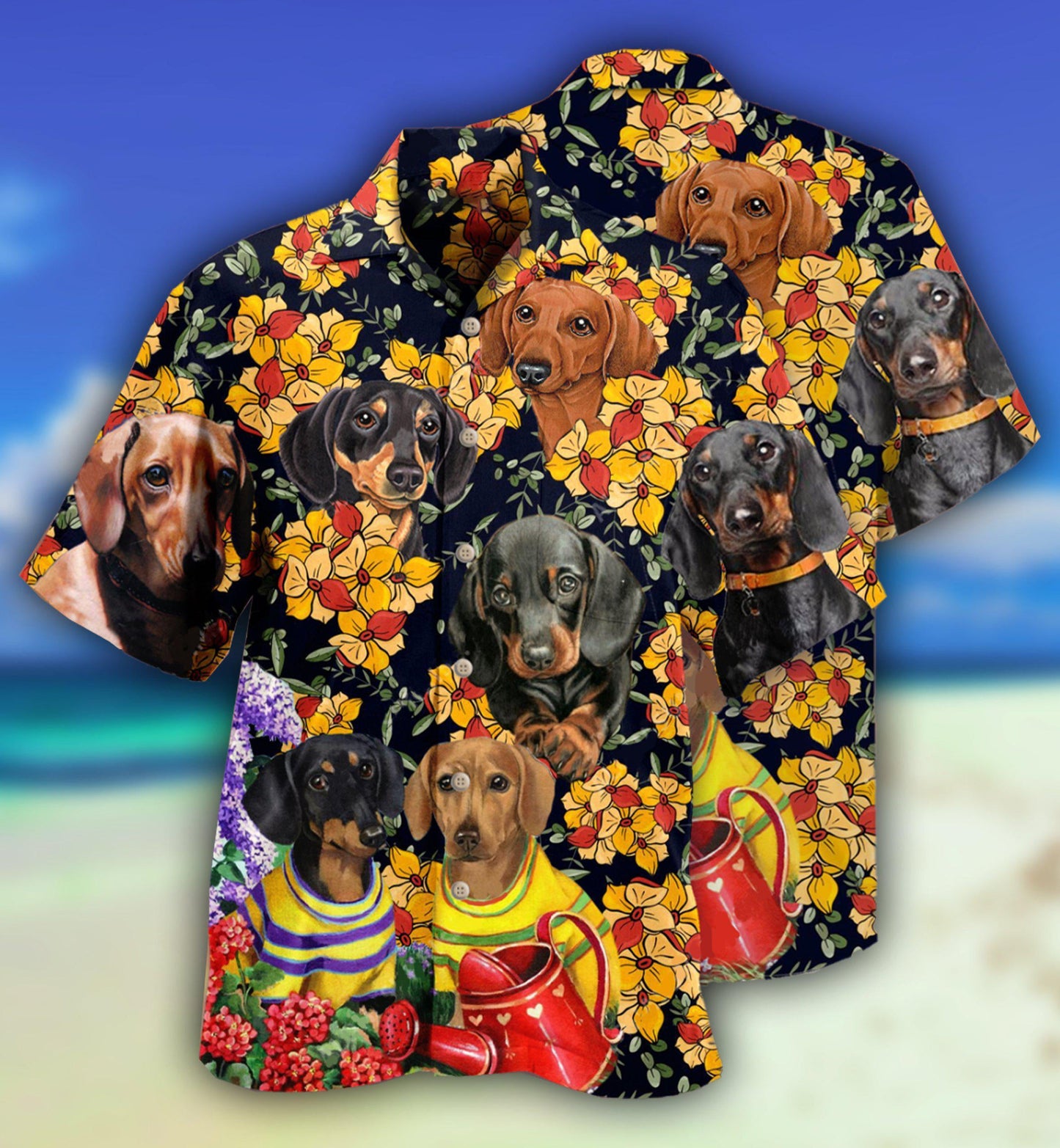 Dachshund And Flowers Black Style - Hawaiian Shirt - Reefox