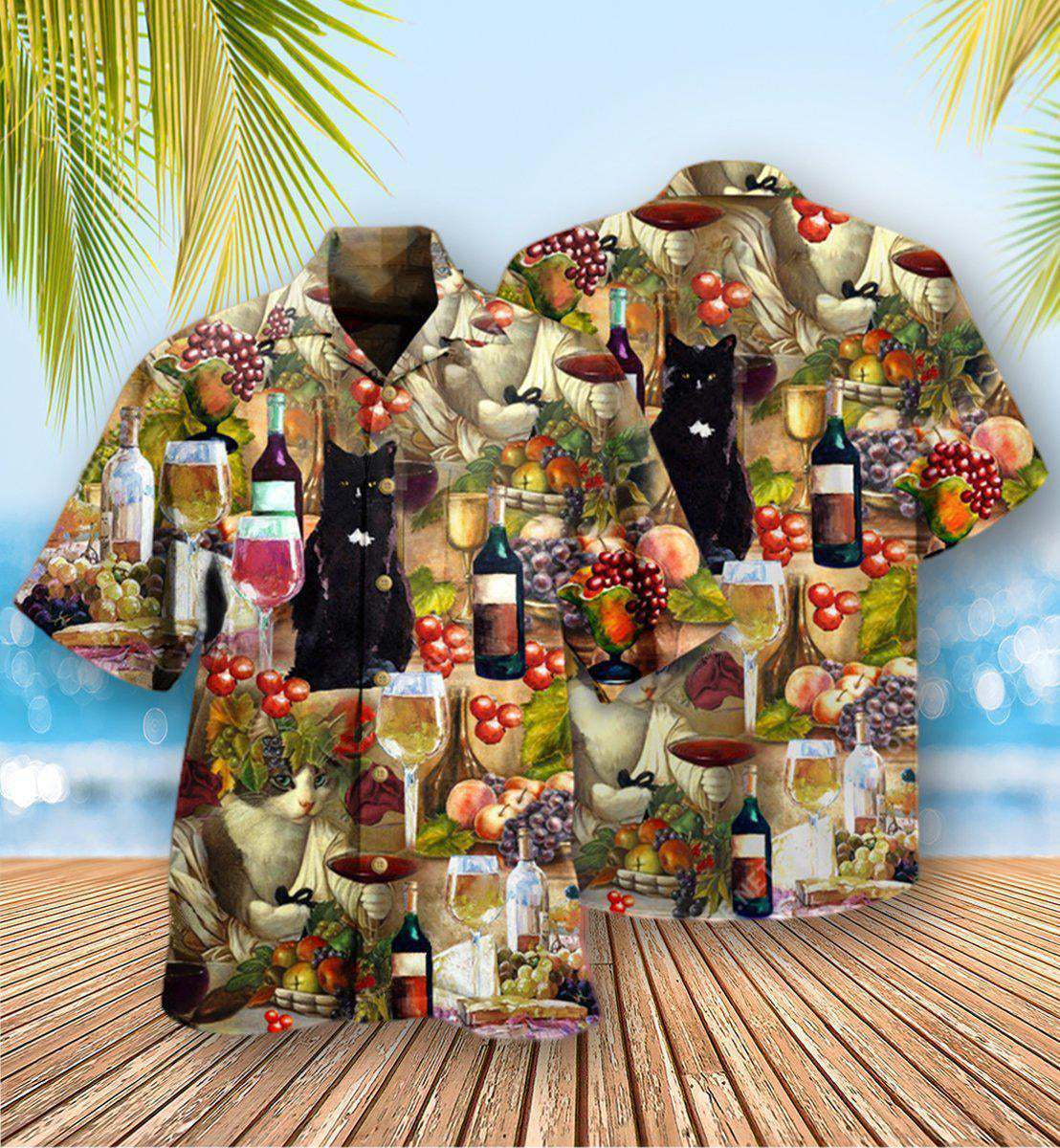 Wine Drinking Wine Feeling Fine Cats - Hawaiian Shirt - Reefox