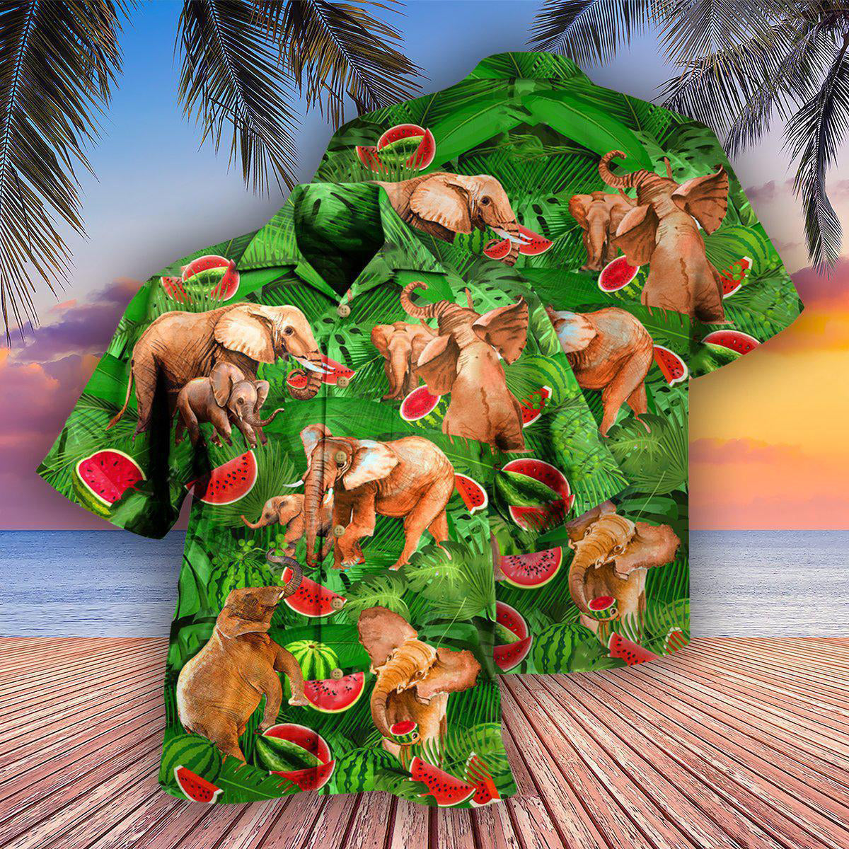 Elephant Funky Watermelon With Elephants Green Leaves - Hawaiian Shirt - Reefox