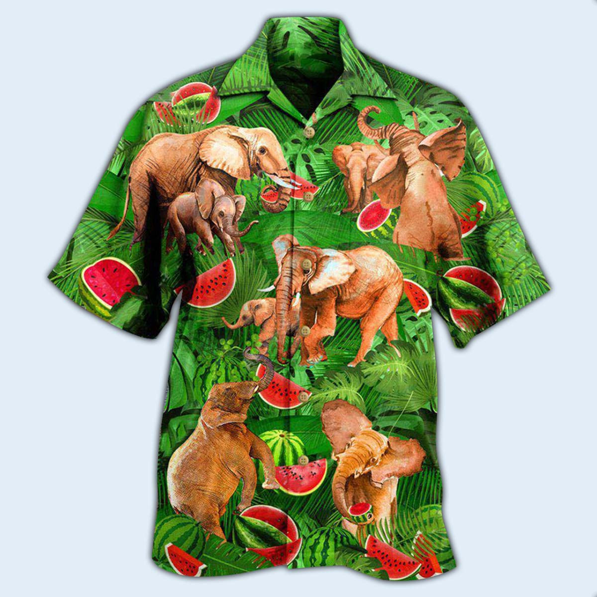 Elephant Funky Watermelon With Elephants Green Leaves - Hawaiian Shirt - Reefox