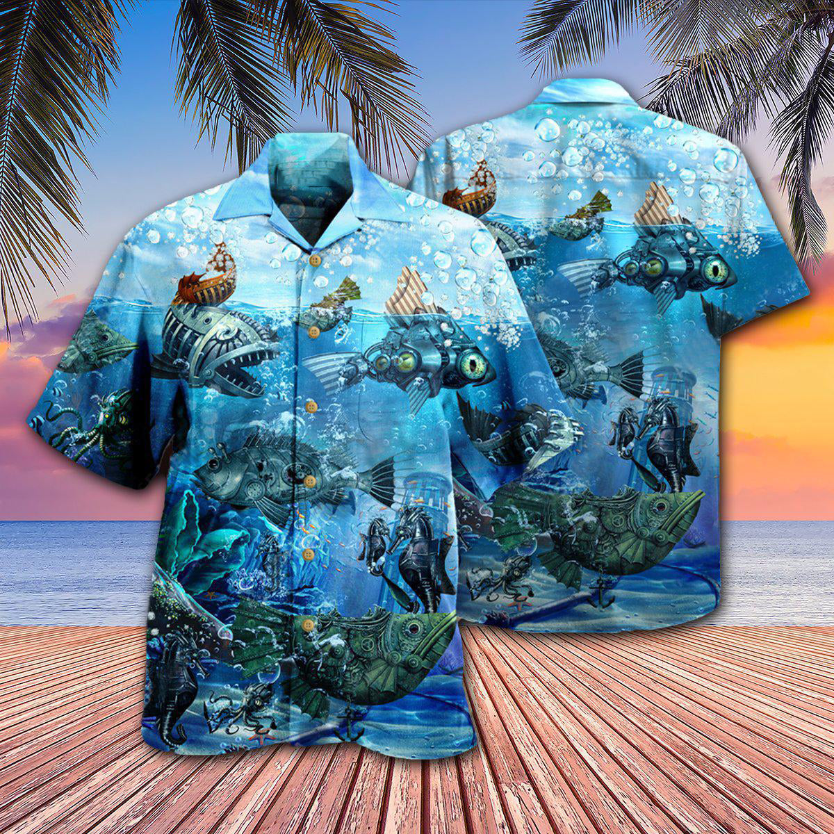Fishing Ocean Undersea Steampunk Fish - Hawaiian Shirt - Reefox