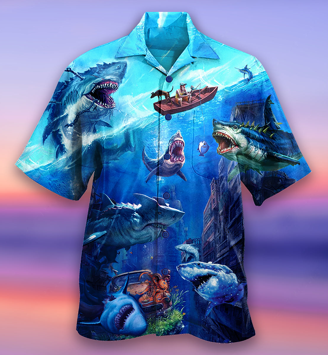 Shark Fishing Shark With Small Ship Blue Ocean - Hawaiian Shirt - Reefox