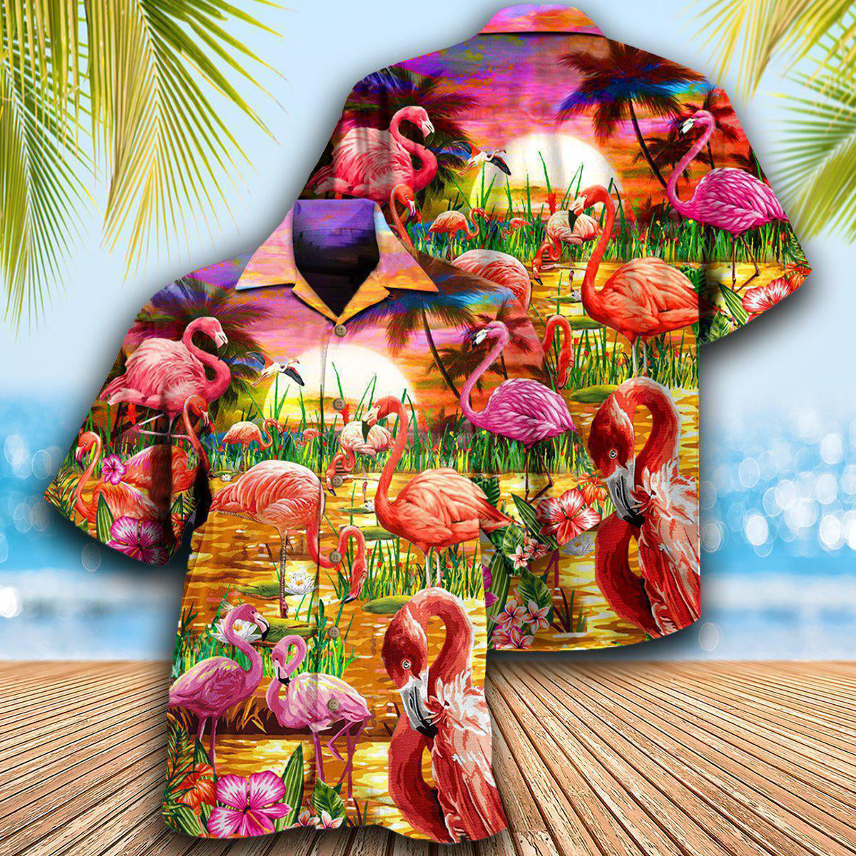 Flamingo Romantic Sunset With Flamingo - Hawaiian Shirt - Reefox