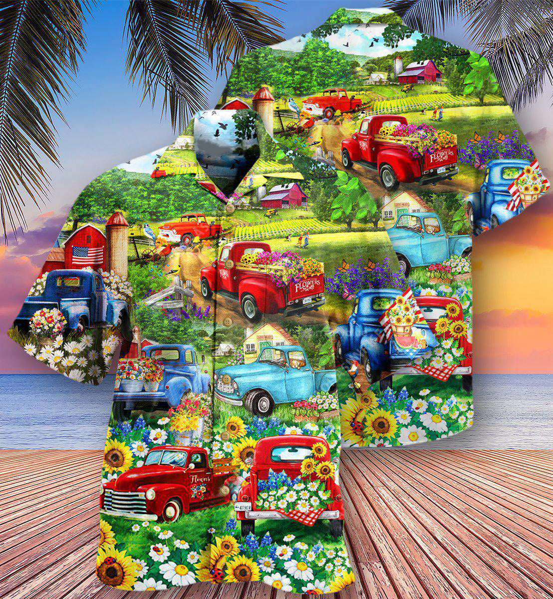 Truck Flower Pickup In The Flower Field - Hawaiian Shirt - Reefox