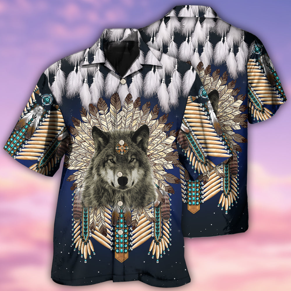 Native Wolf Feathers Dark Style - Hawaiian Shirt - Reefox