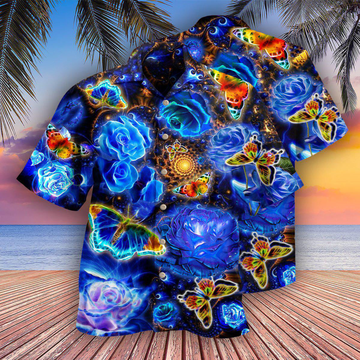 Butterfly Flower Glowing Blue Rose - Hawaiian Shirt - Reefox