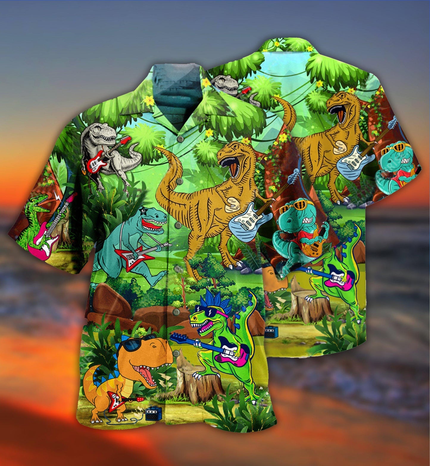 Guitar Dinosaur Play Guitar Like A Star - Hawaiian Shirt - Reefox