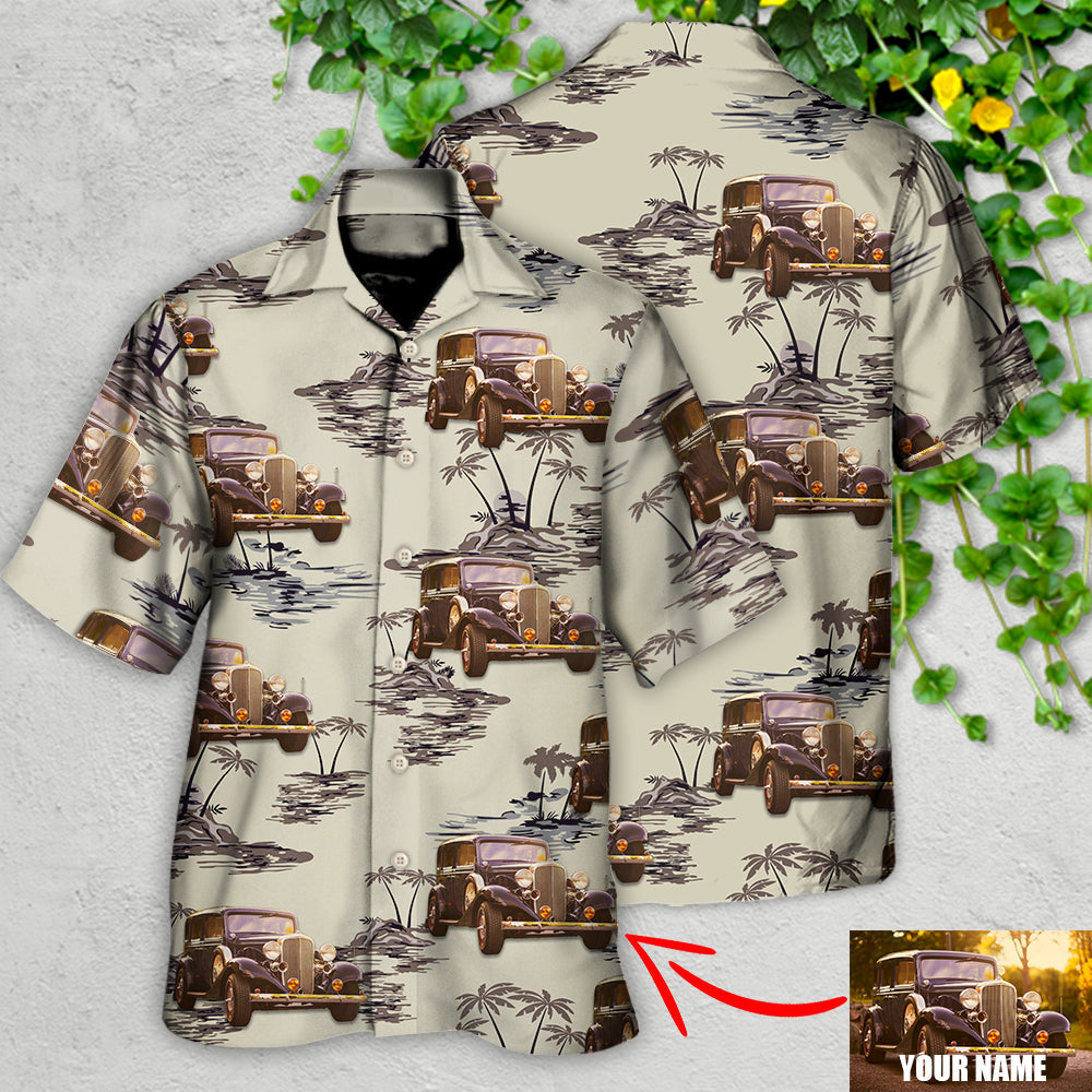 Vintage Car Deserted Island Pattern With Palm Trees Custom Photo - Hawaiian Shirt - Reefox