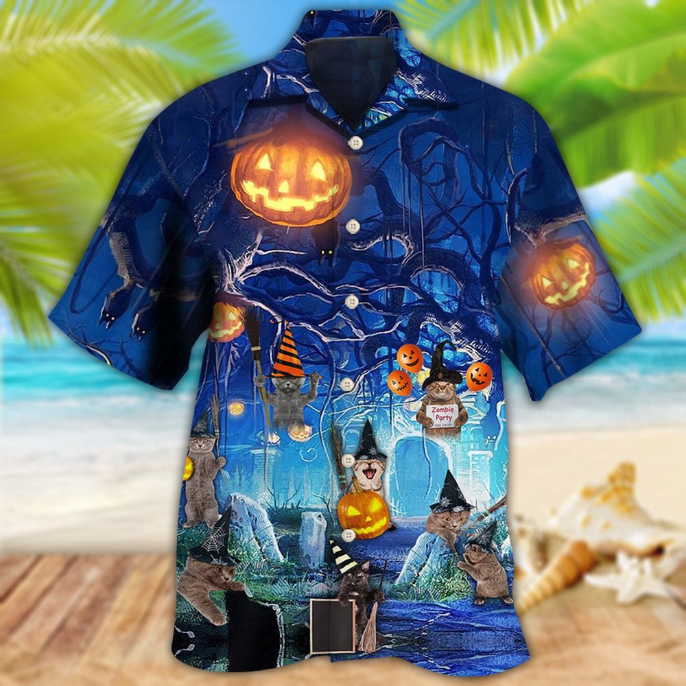Halloween Night Cat Blue - Hawaiian Shirt - Reefox