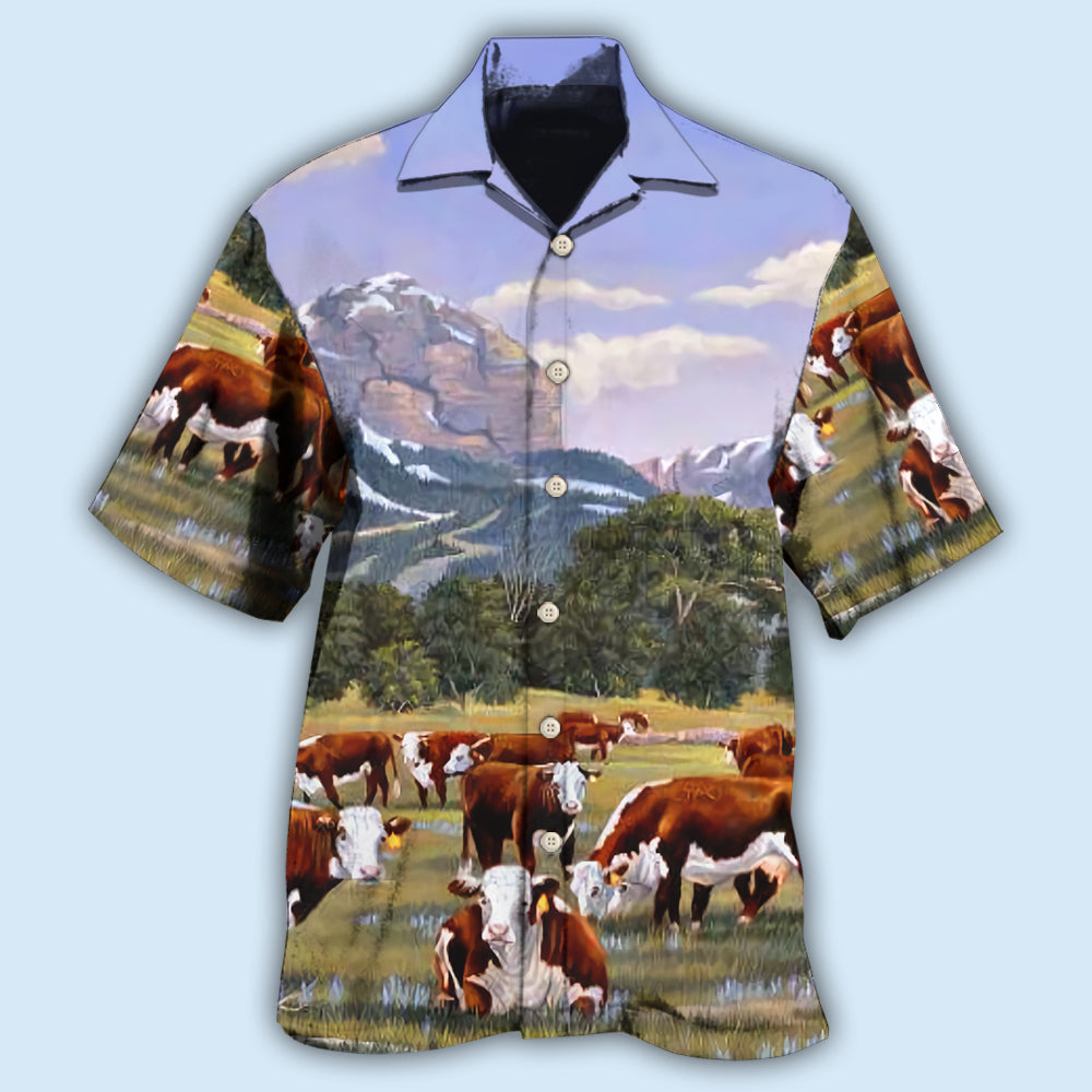 Cow Hereford Cow Beautiful Landscape - Hawaiian Shirt - Reefox