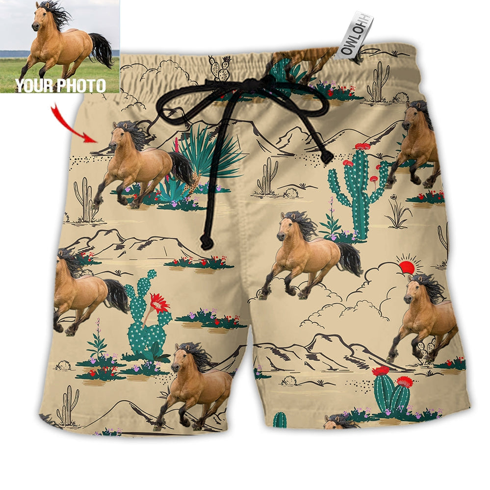 Beach Short / Adults / S Horse Desert Floral Cactus Custom Photo - Beach Short Reefox - Owls Matrix LTD