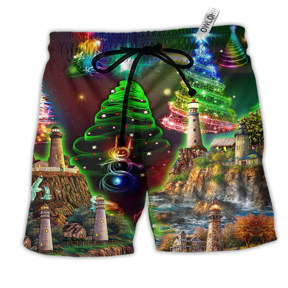 Beach Short / Adults / S Lighthouse Merry Christmas Happy - Beach Short Reefox - Owls Matrix LTD