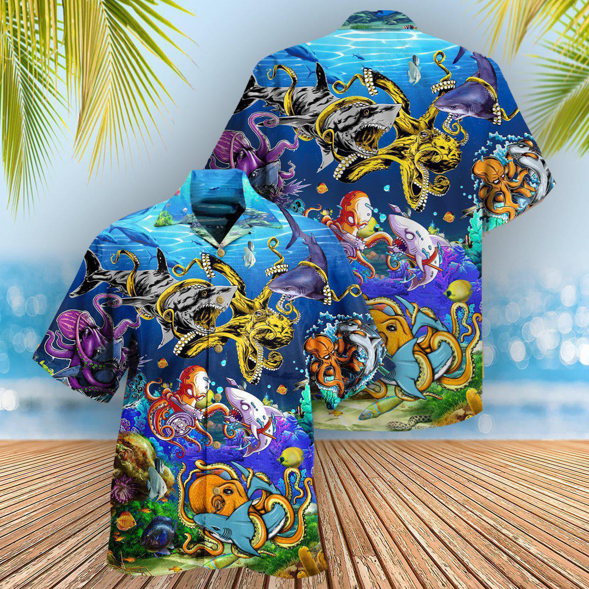 Ocean Shark Fighting Octopus Amazing - Hawaiian Shirt - Reefox
