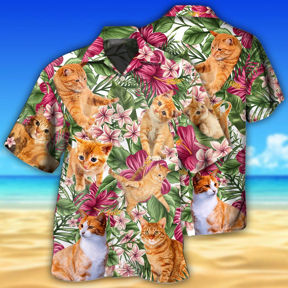 Cat Tropical Floral Orange Cat - Hawaiian Shirt - Reefox