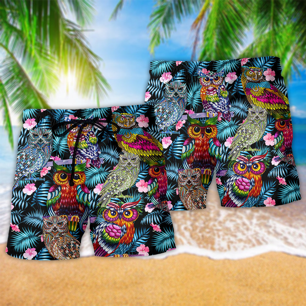 Owl And Flowers Colorful - Beach Short Reefox - Owls Matrix LTD