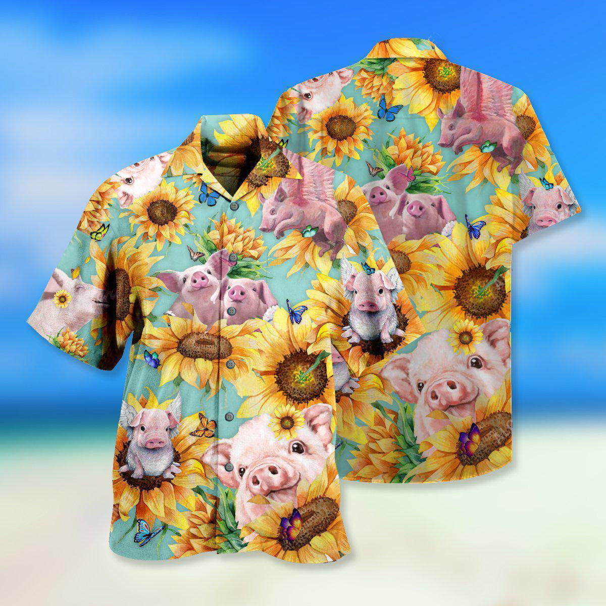 Pig Animals Amazing Pig Loves Sunflowers - Hawaiian Shirt - Reefox