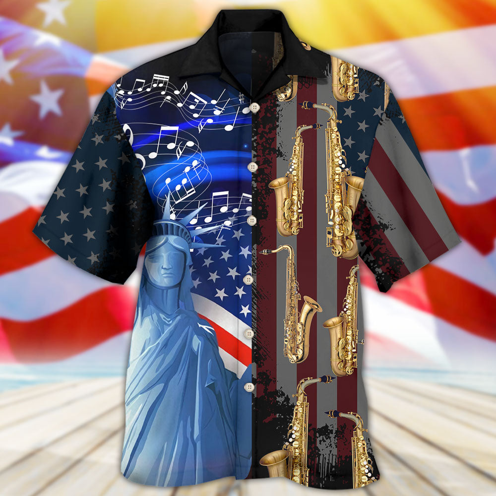 Saxophone Music USA Flag Independence Day - Hawaiian Shirt - Reefox