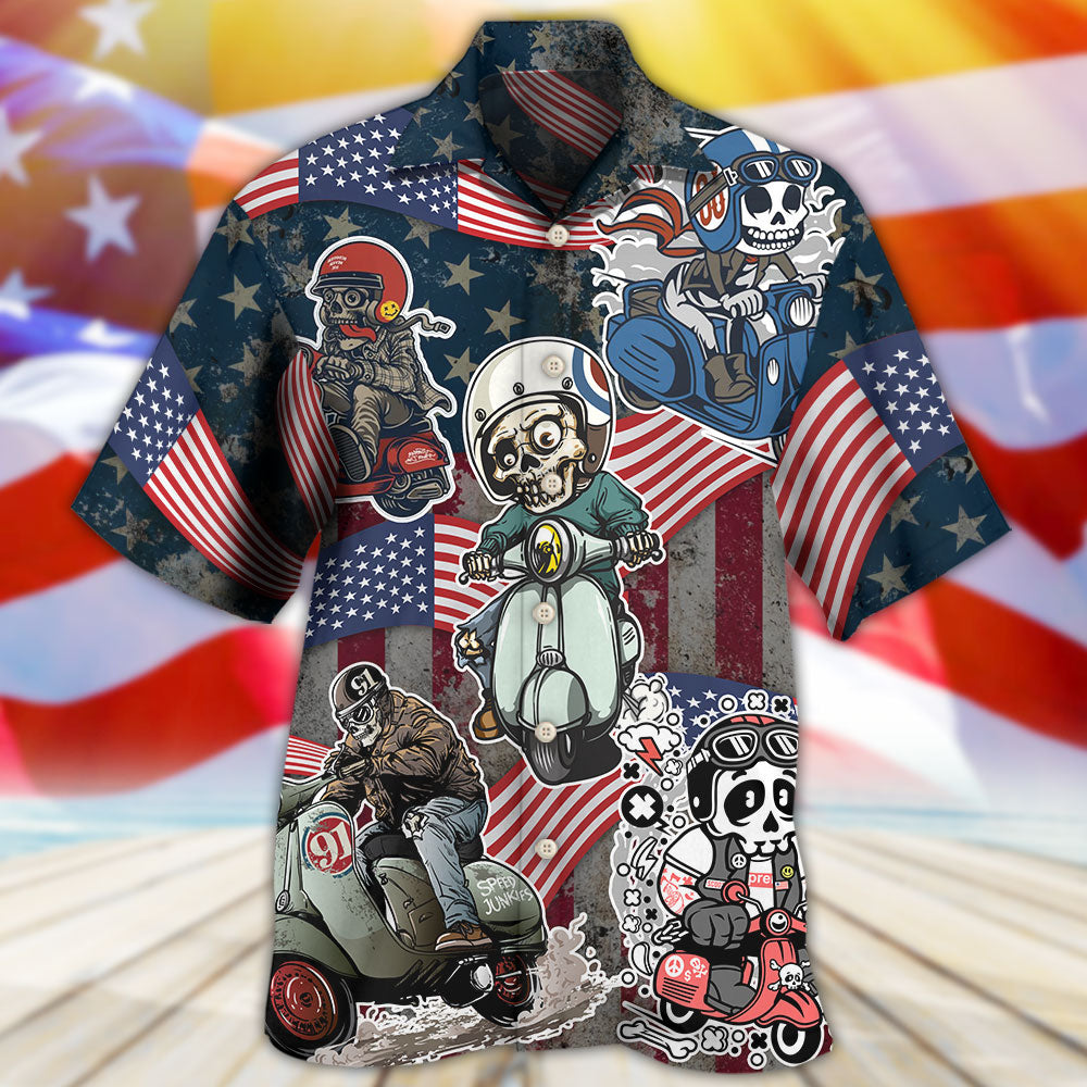 Scooter Skeleton USA Flag Independence Day - Hawaiian Shirt - Reefox
