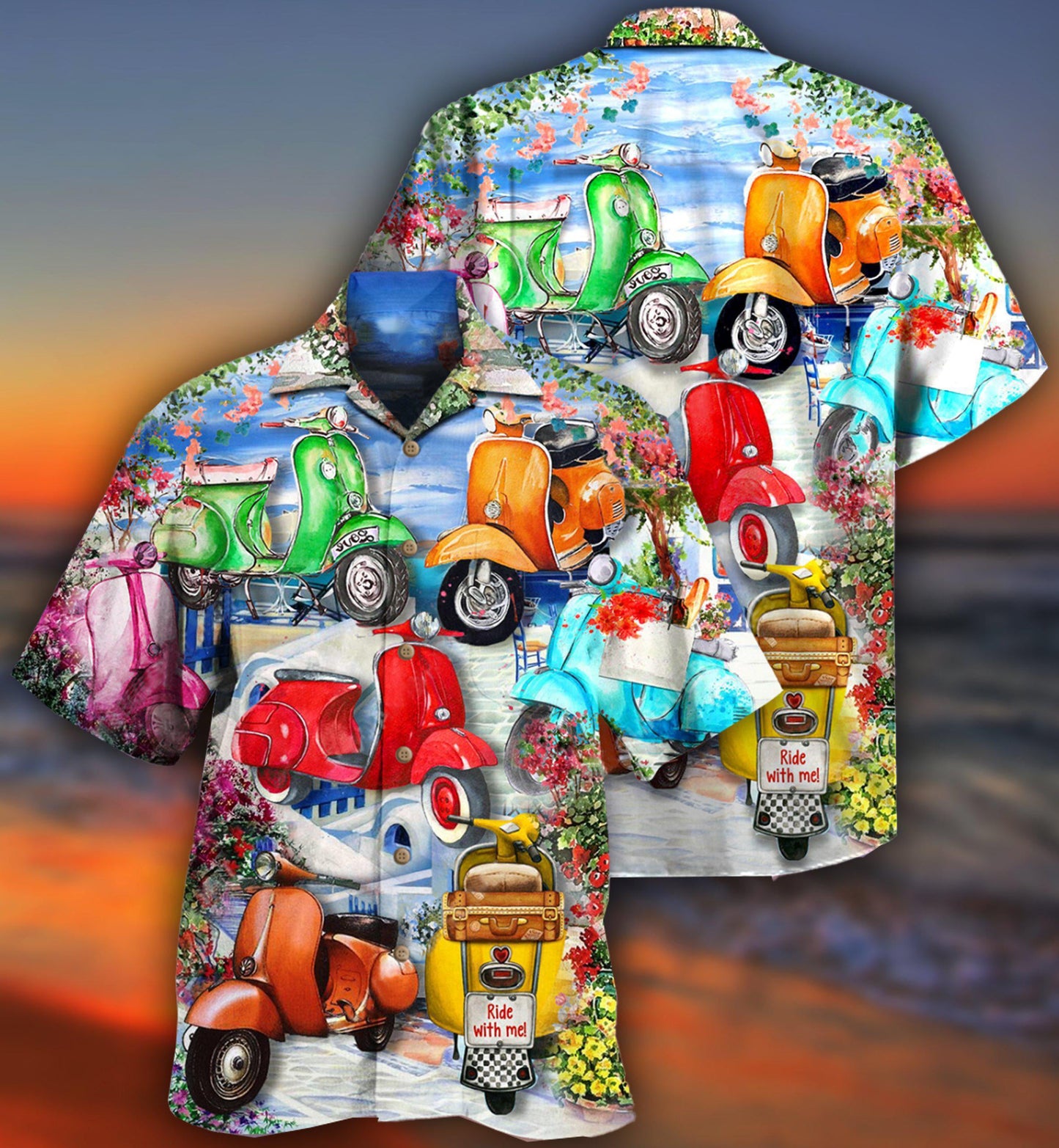 Scooter Chill With Your Scooters By Greece Beach With Flower- Hawaiian Shirt - Reefox