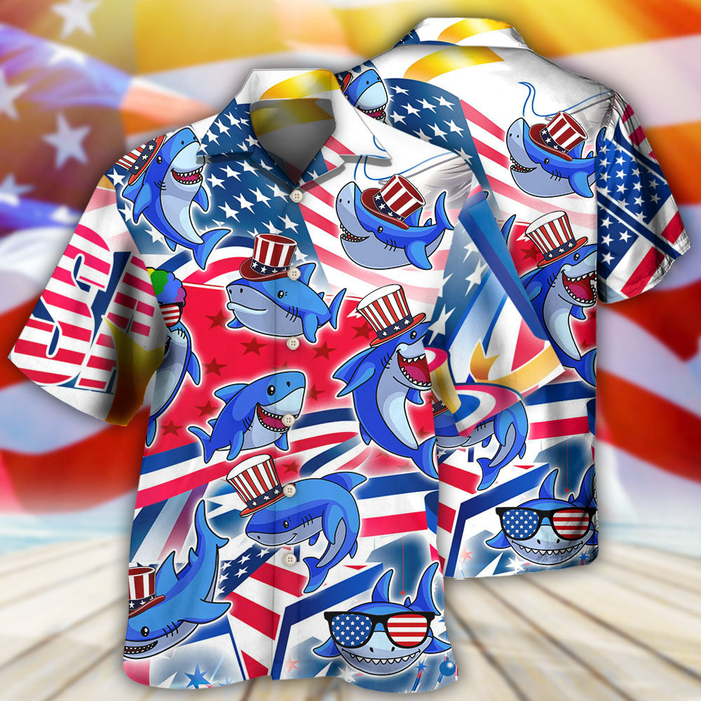 Shark Funny USA Flag Independence Day - Hawaiian Shirt - Reefox