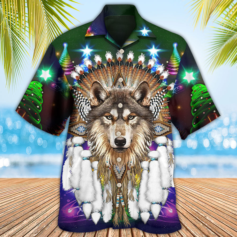 Native Wolf And Merry Christmas Cool - Hawaiian Shirt - Reefox