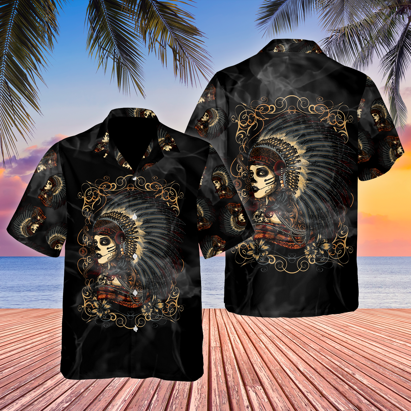 Native Girl Skull Style Dark - Hawaiian Shirt - Reefox