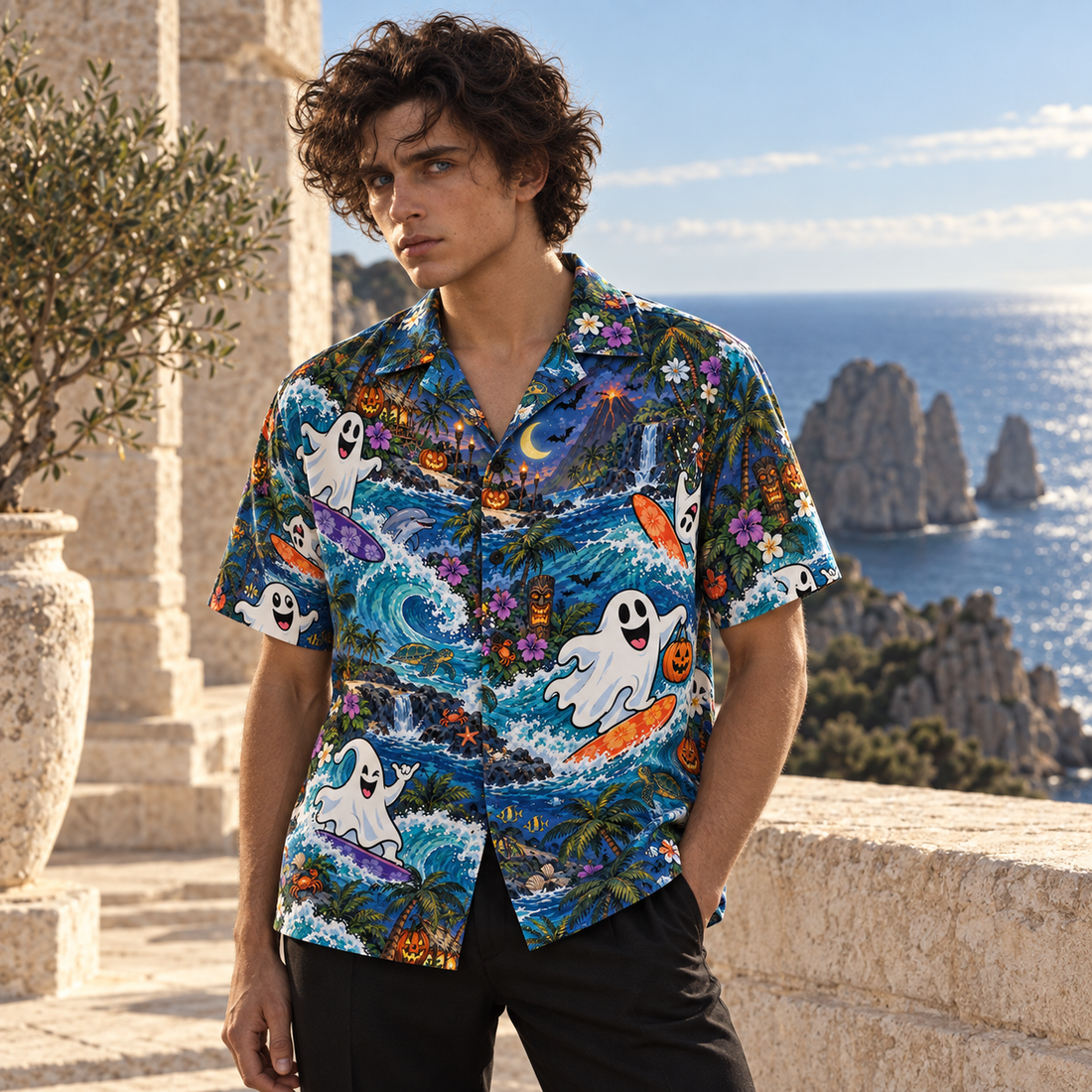 Model wearing the blue Ghost Surf Club Halloween 2026 Hawaiian shirt from ToonScape Tropics