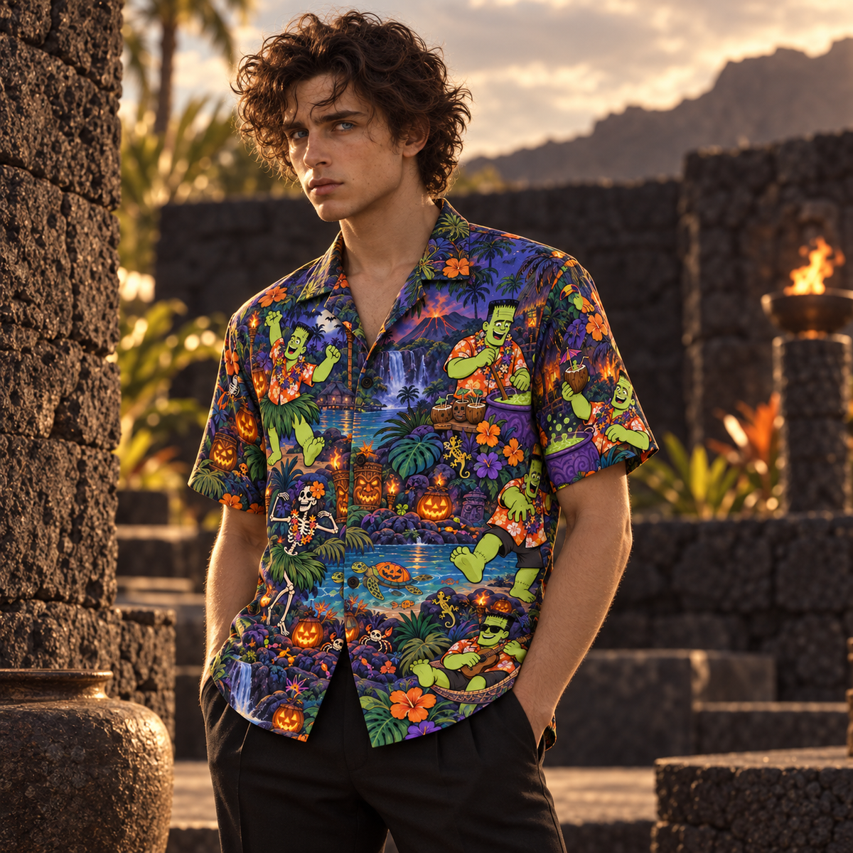 Men's Halloween 2026 Frankenstein Island Luau Hawaiian Shirt