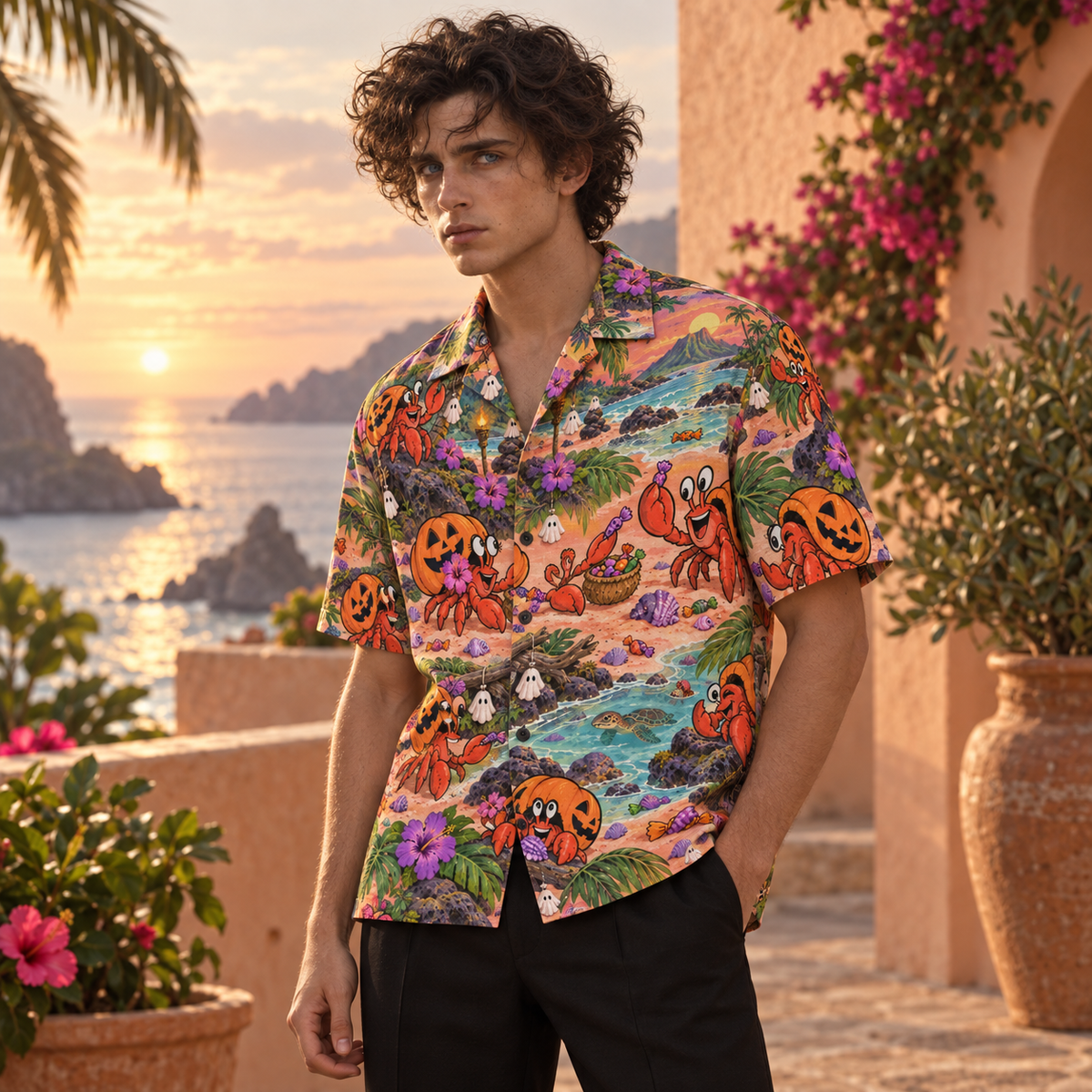 Men's Halloween 2026 Hermit Crab Haunted Beach Hawaiian Shirt