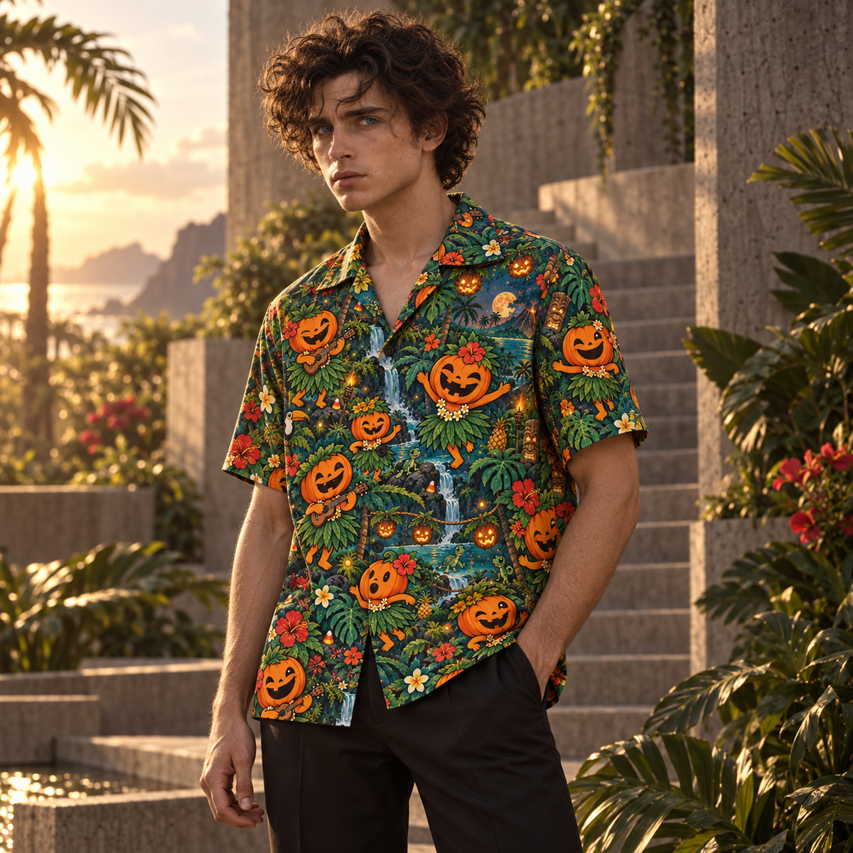 Men's Halloween 2026 Pumpkin Hula Party Hawaiian Shirt