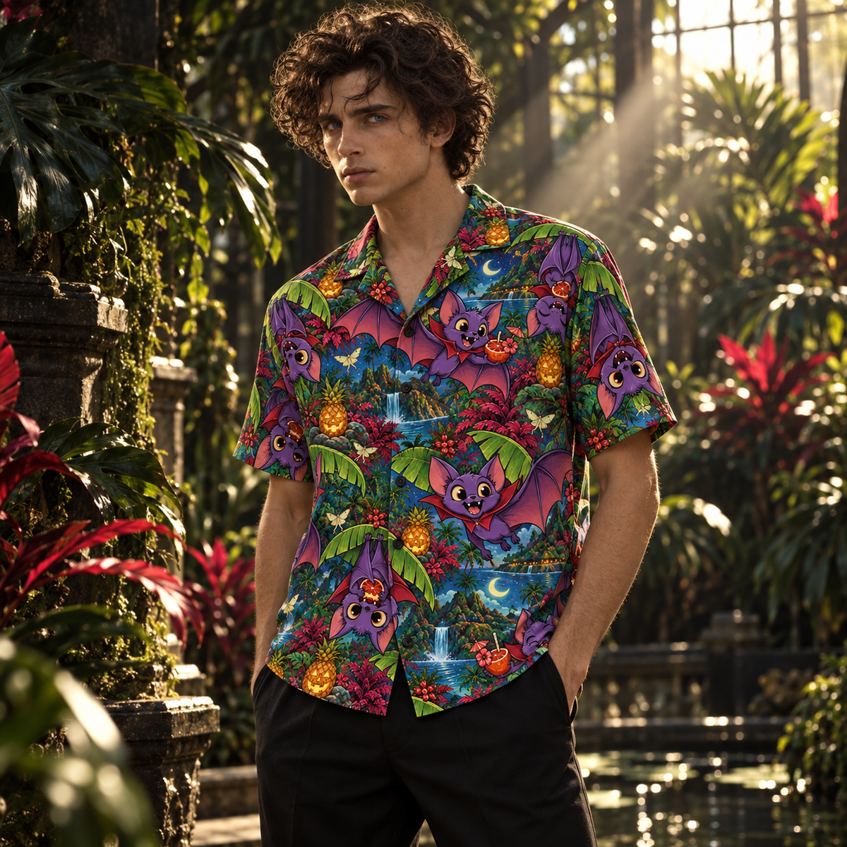 Men's Halloween 2026 Vampire Bat Botanical Hawaiian Shirt