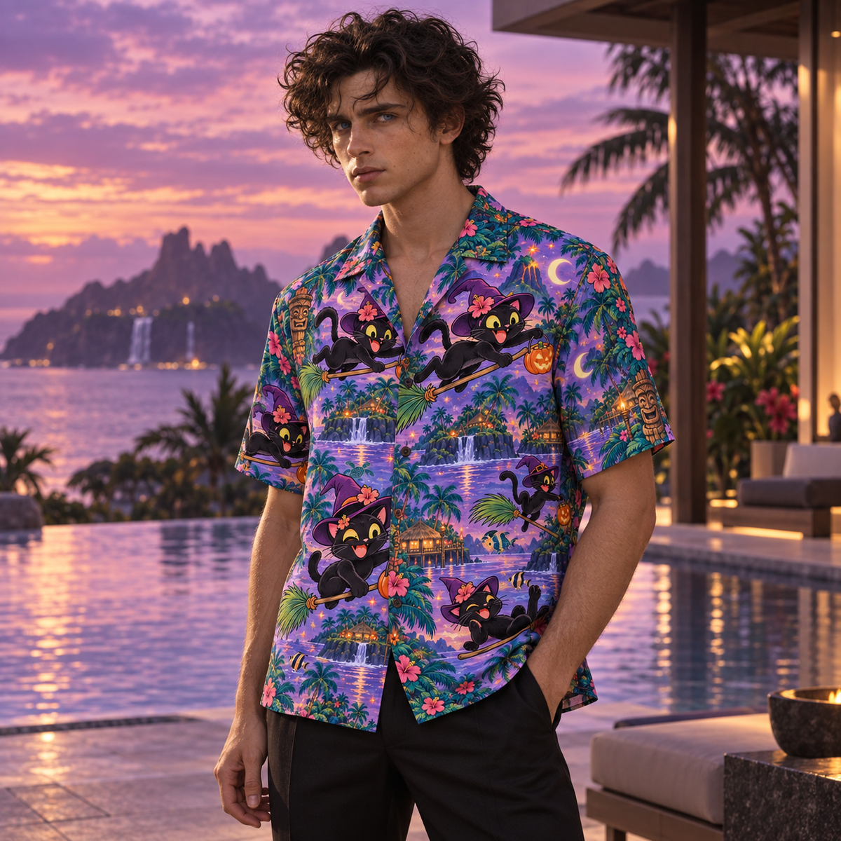 Men's Halloween 2026 Black Cat Broom Lagoon Hawaiian Shirt