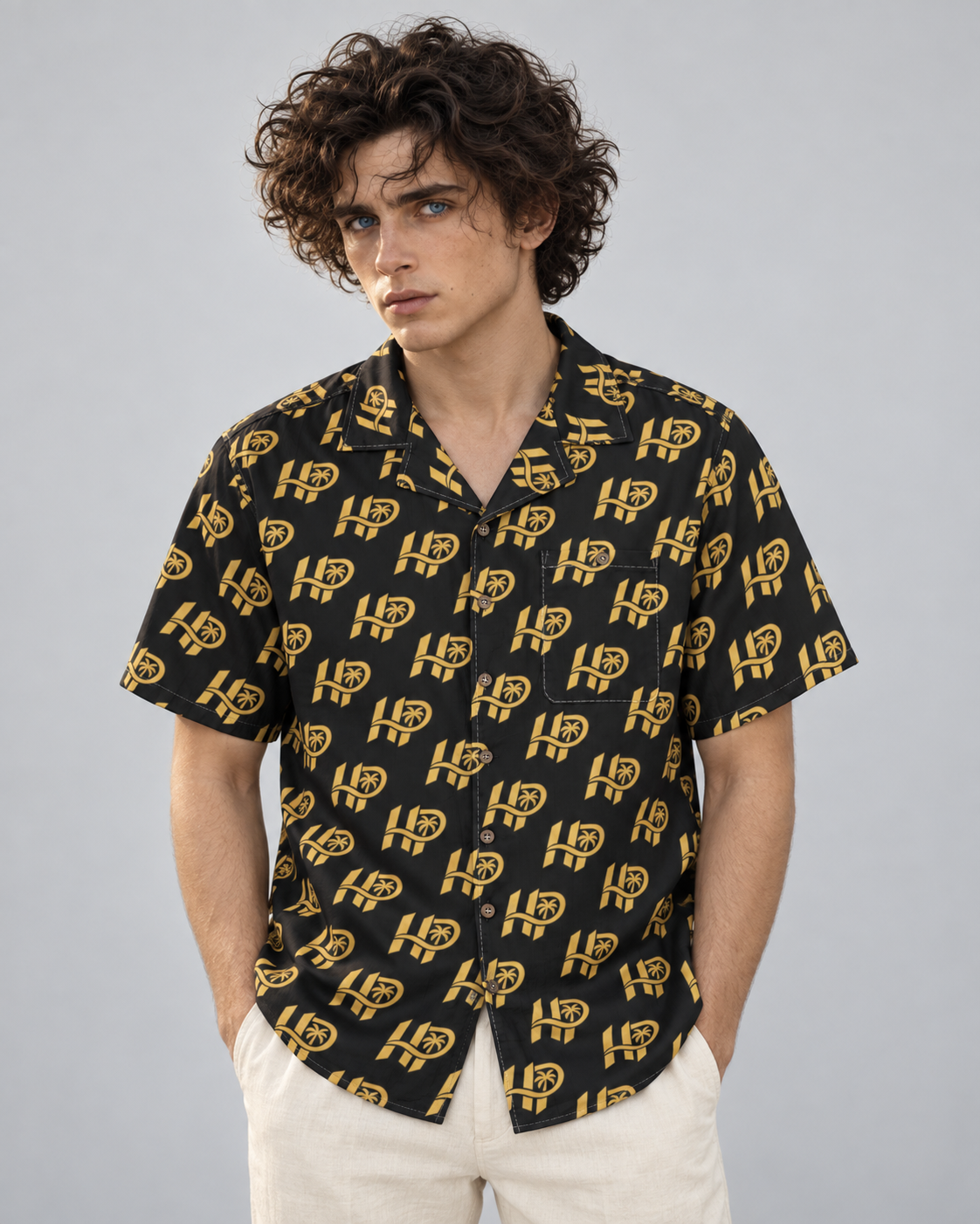 Men's HP Signature Monogram Hawaiian Shirt – Black & Gold