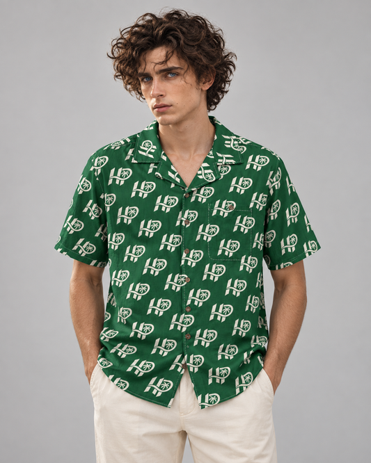 Men's HP Signature Monogram Hawaiian Shirt – Forest Green & Cream