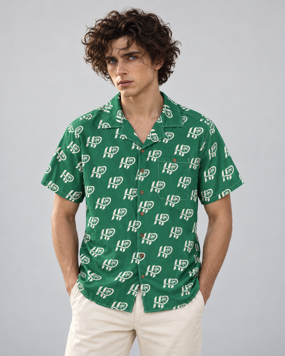 Men's HP Signature Monogram Hawaiian Shirt – Emerald & Cream
