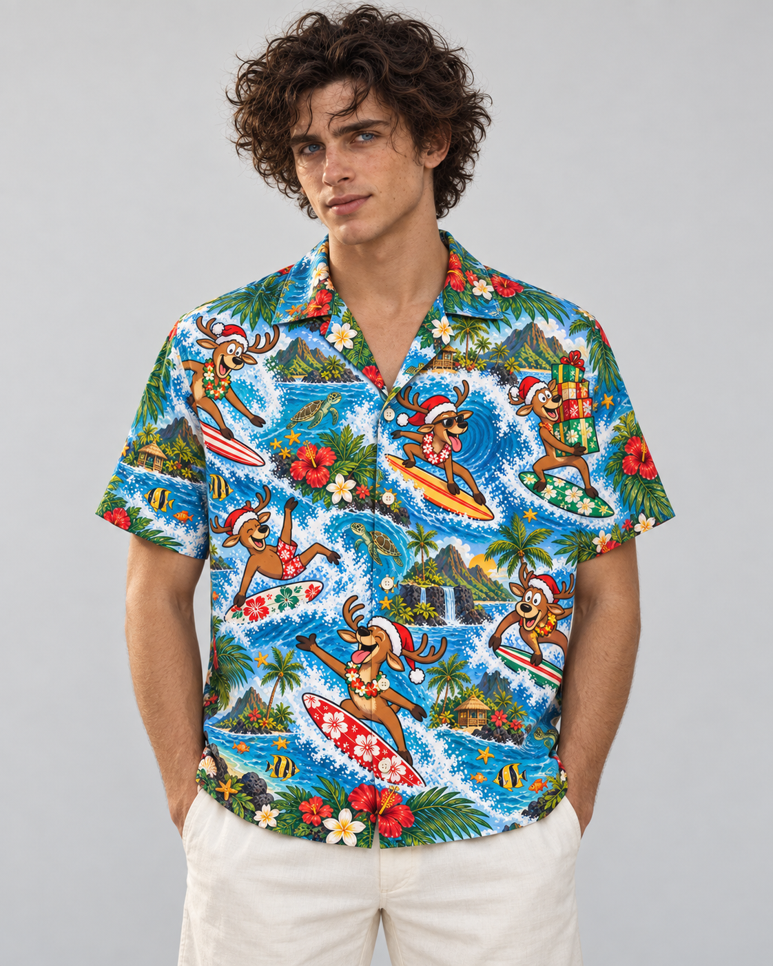 Men's Christmas 2026 Surfing Reindeer Hawaiian Shirt