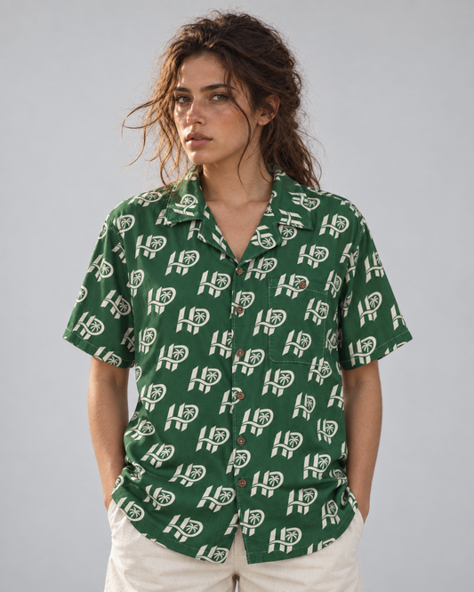 Women's HP Signature Monogram Hawaiian Shirt – Forest Green & Cream
