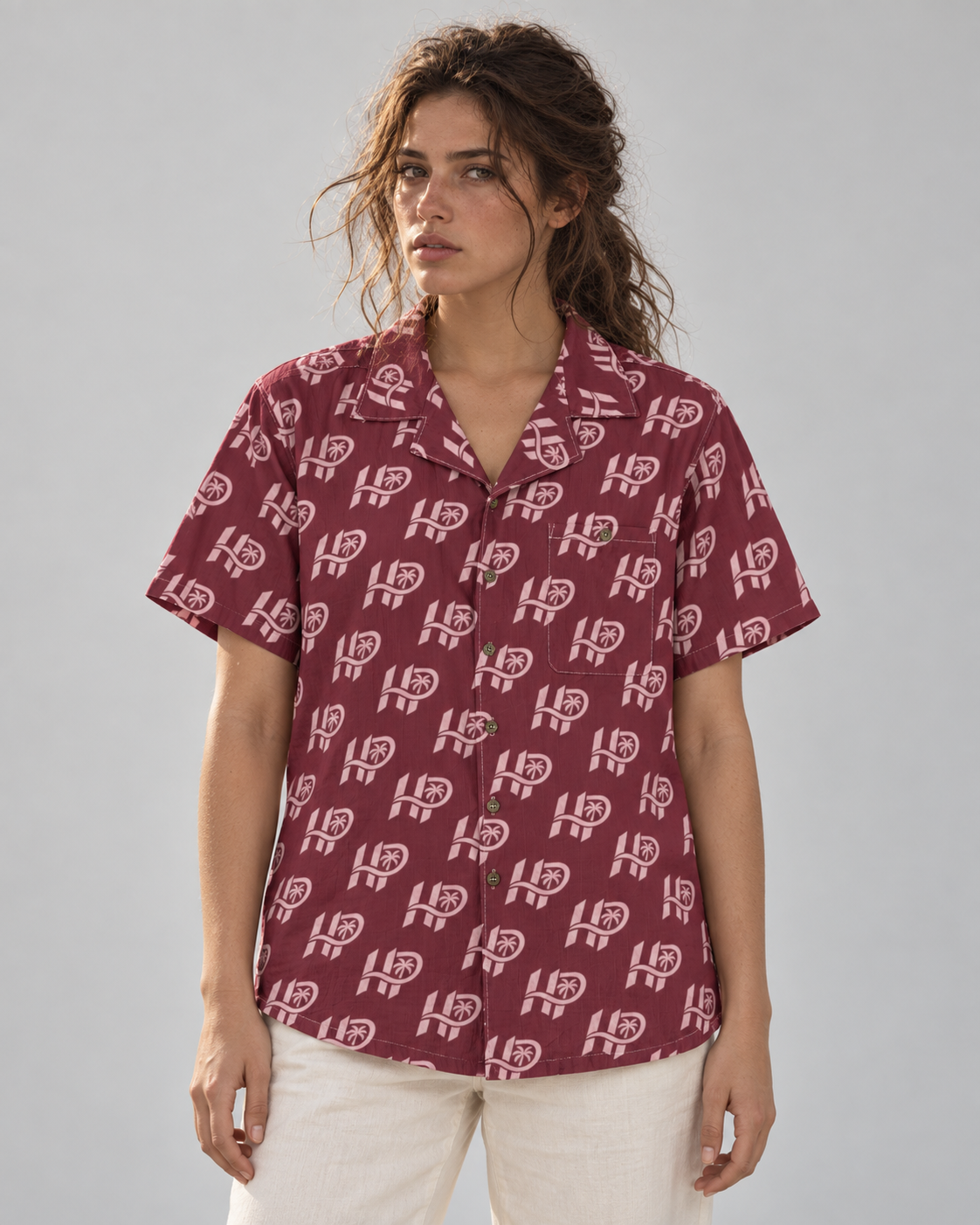 Women's HP Signature Monogram Hawaiian Shirt – Burgundy & Blush