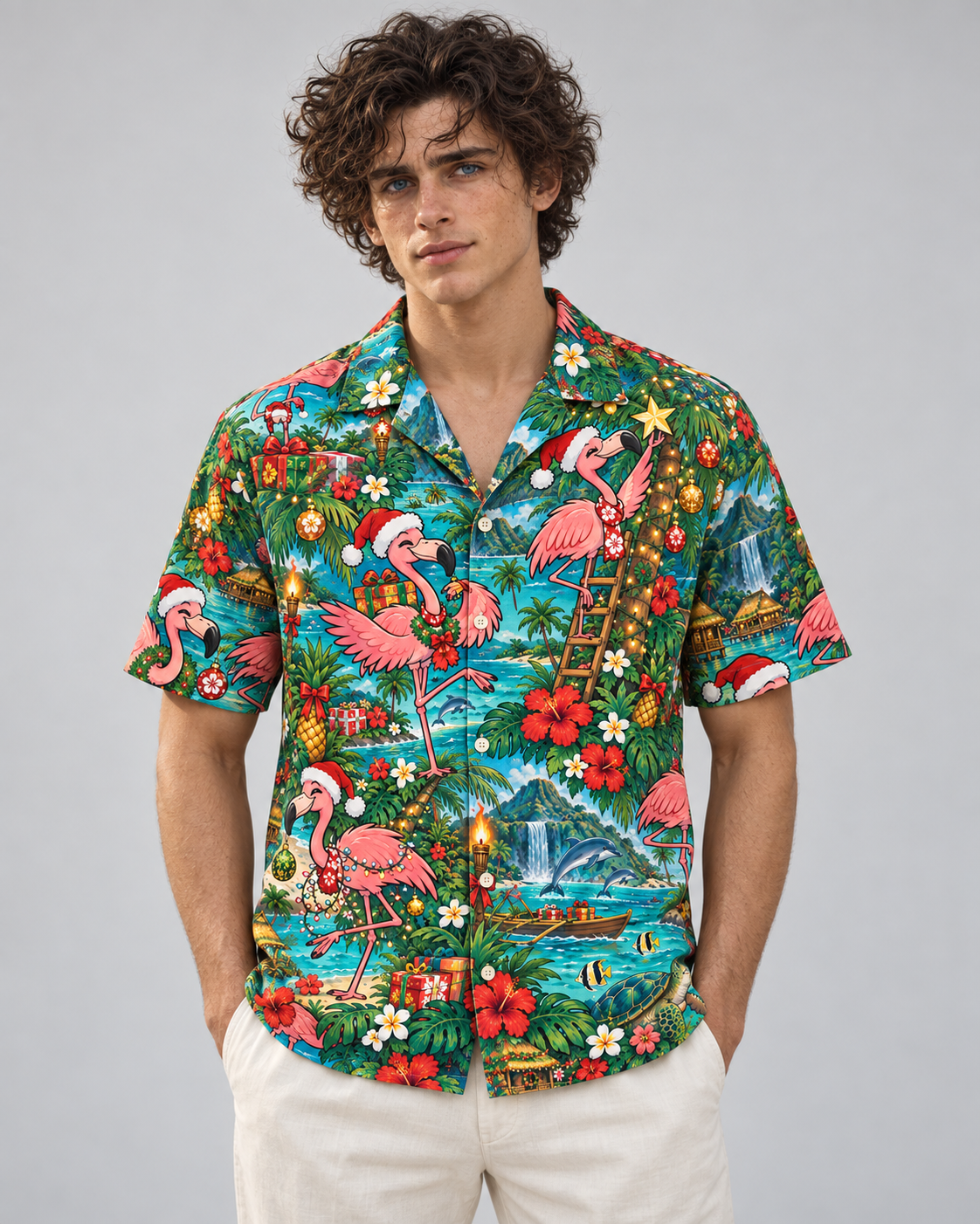 Men's Christmas 2026 Festive Flamingos Hawaiian Shirt