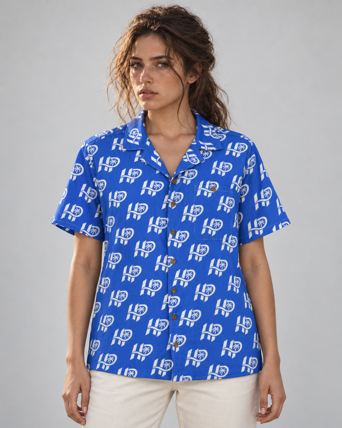 Women's HP Signature Monogram Hawaiian Shirt – Royal Blue & White