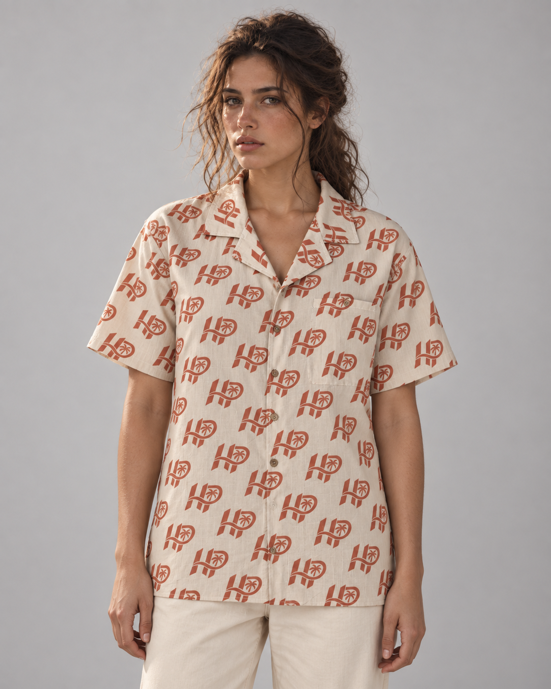 Women's HP Signature Monogram Hawaiian Shirt – Ivory & Terracotta