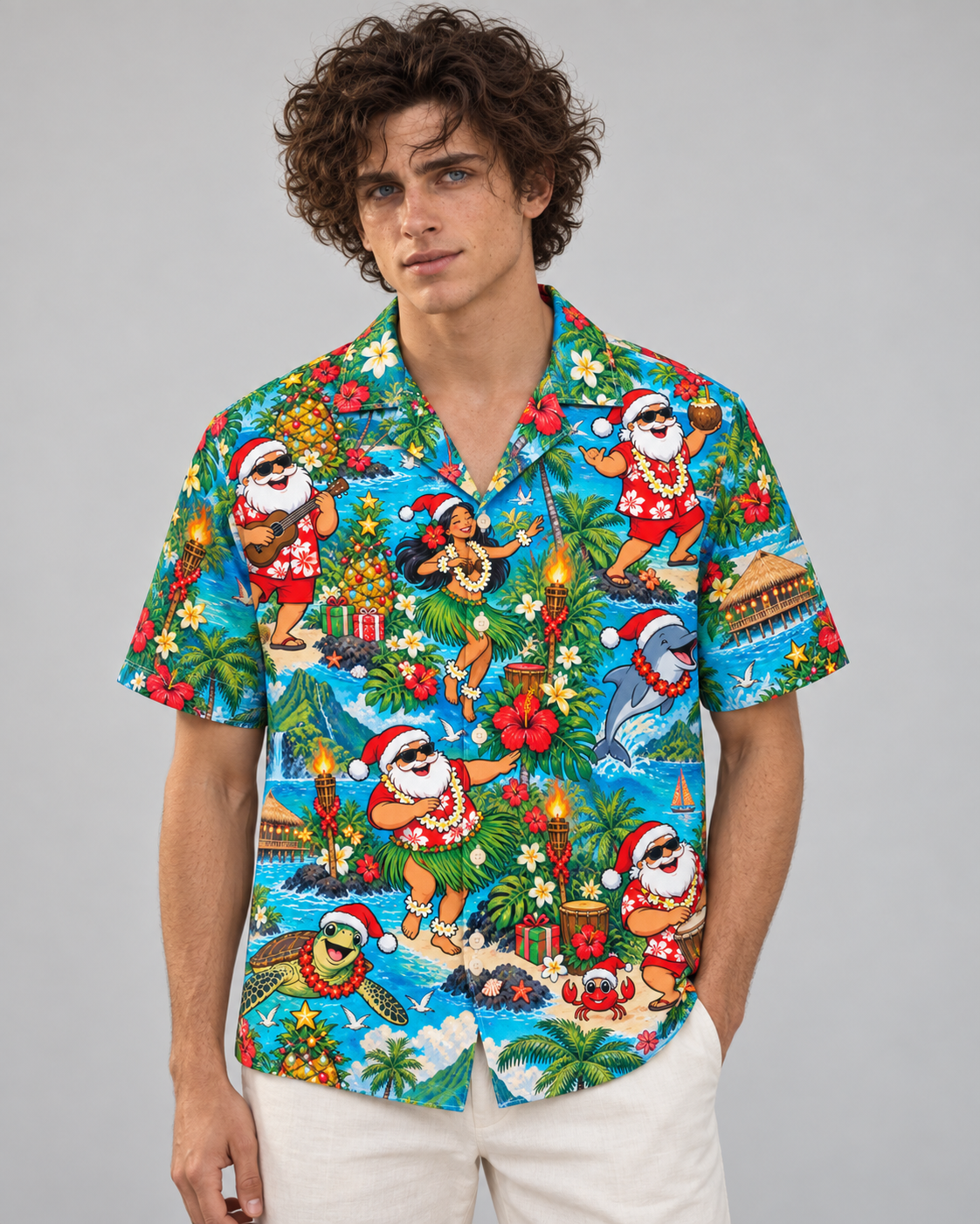 Men's Christmas 2026 Tiki Santa Party Hawaiian Shirt