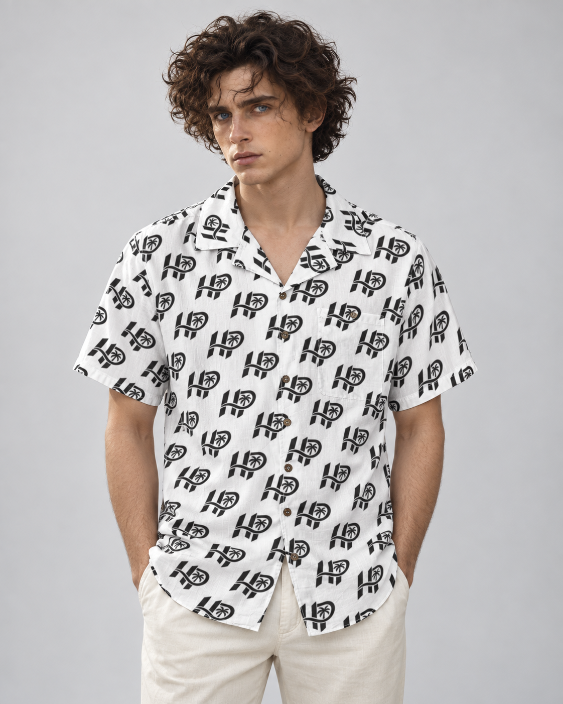 Men's HP Signature Monogram Hawaiian Shirt – White & Black