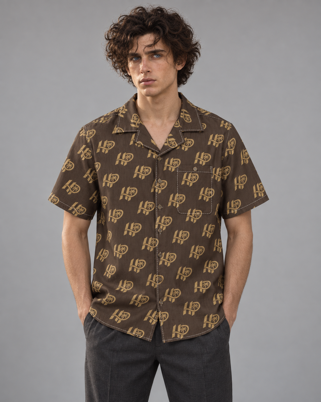 HP Palm Monogram Hawaiian Shirt – Brown & Gold